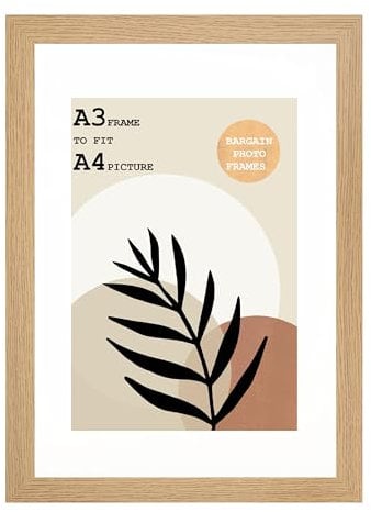 A3 Oak Frame With Mount For A4 Print Size (21 x 29.7cm) - A3 Oak Picture Frame With White Mount with Safe Perspex Front & Wall Hanging Hook - Handmade Frames