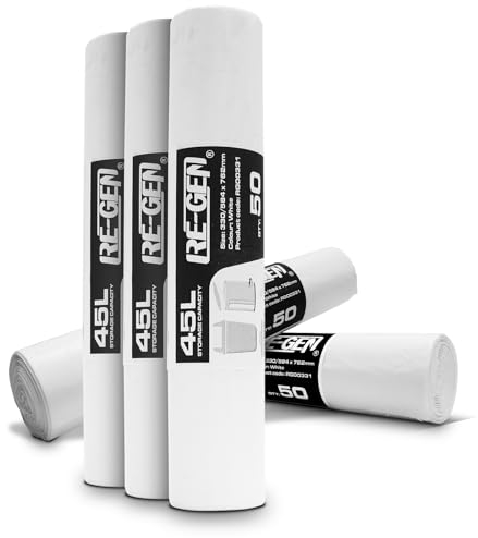 5 Rolls (250 Bags) RE-GEN 45L White Swing, Pedal, Square Bin Liners Refuse Sacks | Everyday, Office & Home Use | Industrial Quality Rubbish Garbage Bags 330/584 x 762mm