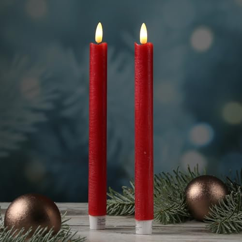 MARELIDA LED Stabkerzen Tafelkerzen Echtwachs Rustik Optik H: 25cm 2St (Rot)