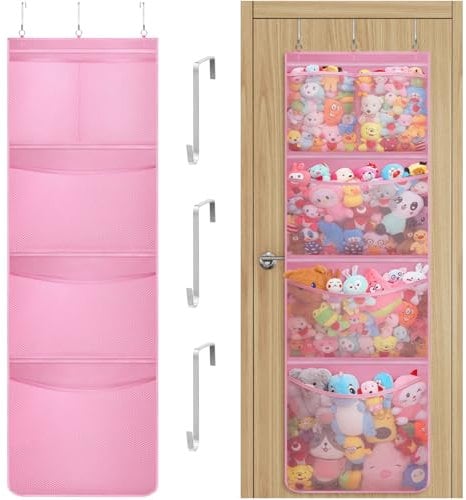 Lifewit Over Door Toy Storage, 1 Pack Stuffed Animal Organiser with 5 Expandable Mesh Pockets, Breathable Hanging Kid Plush Net Hammock Baby Toy Holder for Wardrobe, Nursery, Bedroom, Bathroom, Pink