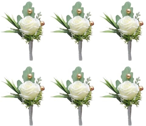 Huilimei Ansteckblume mit weißen Rosen für Herren, Hochzeit, 6er-Set, künstliche Hochzeitsblumen-Boutonniere mit Stecknadeln für Bräutigam und Trauzeugen, Hochzeitstag, Abschlussball, Party,