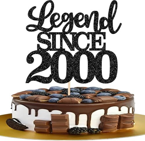 SYKYCTCY 1 Pack Legend Since 2000 Cake Topper Glitter Happy 25th Birthday Cake Pick 25 Fabulous Cake Decorations for Cheers to 25th Birthday Wedding Anniversary Party Supplies Gold (Black, 25th)
