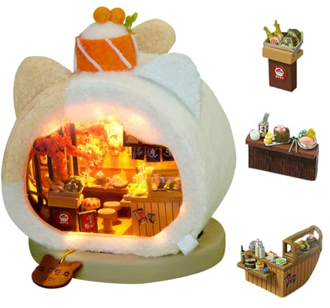 Cjeuxnr 3D Holz Puppenhaus Kit, Mini Haus Miniatur Puppenhaus Tiny House Kit mit Möbeln und LED, DIY Handwerk Kits für Erwachsene und Frauen (Cat Sushi Restaurant)
