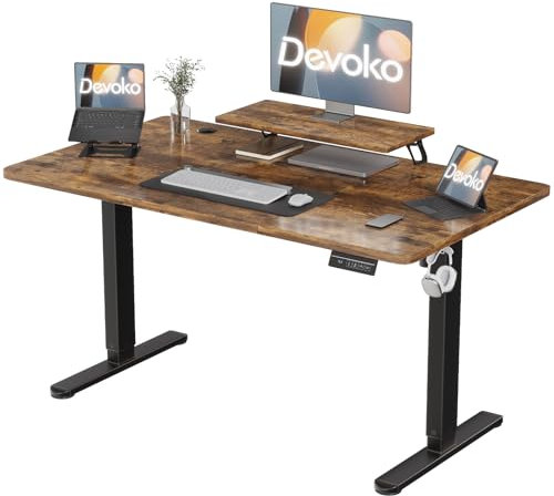 Devoko 160 × 70 cm Bureau Assis Debout avec Support d'écran, Bureau Réglable en Hauteur avec 2 Hauteur de Mémoire, pour l'étude(Marron,160cm)