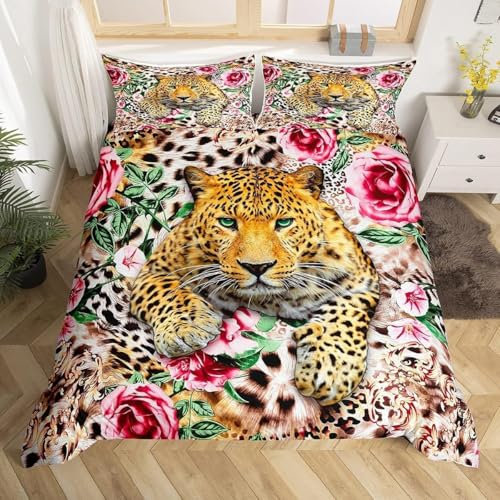 Homemissing Léopard Housse de Couette 240x260cm 3D Animaux Print Parure de Lit Wildlife Sets de Housse de Couette Magnifique Rose Rouge Fleur Ensemble de literie Microfibre