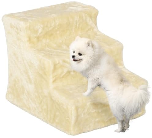 PawHut Hundetreppe 3 Stufen 35 cm Hoch Haustiertreppe für kleine Hunde oder Katzen, Katzentreppe Hunderampe mit Waschbar Plüschbezug für Bett, Sofa, Couch, Beige