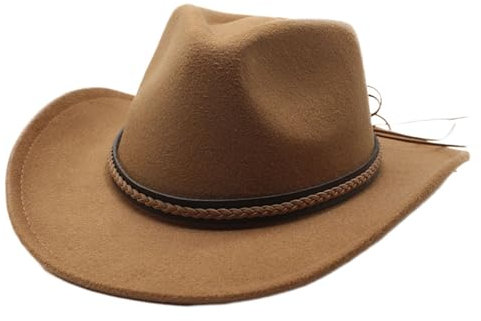CocMouse Cowboyhut für Damen und Herren, Vintage-Stil, Wollfilz, breite Krempe, Schlapphut, Westernhut, klassischer Bowler-Hut, Party-Kostüm-Zubehör, Stil 2-Khaki, M