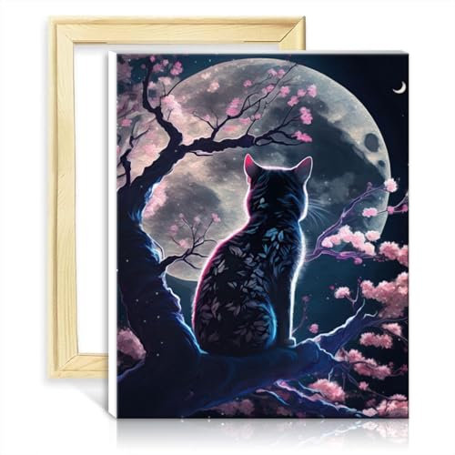 TANGFEIY Ölgemälde-Set, Malen nach Zahlen, Katze, Kirschblüte, Japan, auf Leinwand, Gemälde für Erwachsene, Bilder für Zuhause, Wanddekoration, Geschenke, ohne Rahmen (30 x 40 cm)