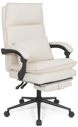 YOURLITE Fauteuil de Bureau avec Repose-Pieds, Chaise Siège Bureau Inclinable, Support Lombaire, Hauteur Réglable, en PU Cuir, Capacité de Charge Maximal 150 kg, Beige