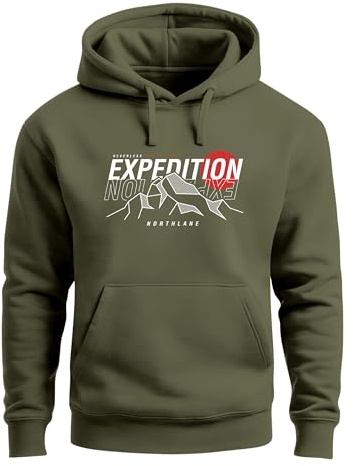 Neverless® Hoodie Herren Outdoor Berge Wandern Naturliebhaber Expedition Northlane Aufschrift Männer Printshirt Fashion Streetstyle Oliv M