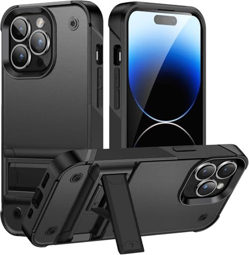 Pritify Armor Schutzhülle mit Ständer für iPhone 15 Pro, Militärqualität, strapazierfähig, schlank, schützende Rückseite, stoßfest, matte Oberfläche, mit erhöhtem Kameraschutz, langlebige Handyhülle,