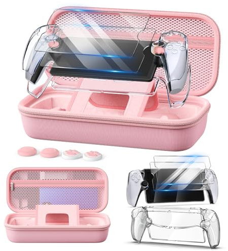 Auarte Accessoires 12 en 1 pour PlayStation Portal, étui de Transport Rigide pour PS Portal avec Coque Transparente pour PS5 Portal, 2 protecteurs d'écran avec 4 poignées pour Les Pouces (Rose)