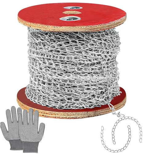 70m/230ft Jack Chain with Spool, 6 mm Wide Galvanised Steel Hanging Chain | 29 lb Metal Link Chain with Non-Slip Gloves for Hanging Plants, Bird Feeders, Lights, Signs and DIY Projects