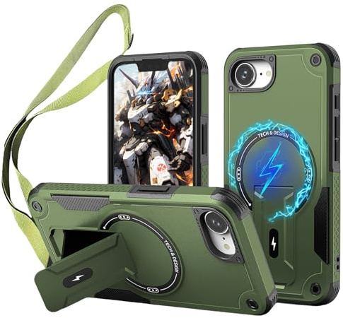 Fofvccv for iPhone 17e / 16e Magnetic Crossbody Case DJ Green | Invisible Stand, Adjustable Lanyard Strap, Military Grade Shockproof Rugged Armor Protection Cover for iPhone 17e / 16e
