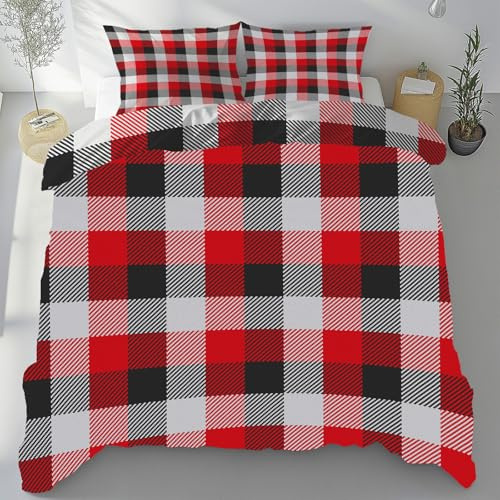 Sshjfeu Retro Geometrie Bettwäsche-Sets 155x200 3 Teilig, Einfache Plaid | Wendebettwäsche Bettbezug Kissenbezug, bügelfrei Reißverschluss, Microfaser, 80x80cm, Rote Schwarz Kariert