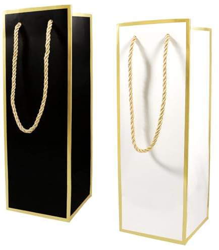 2 Pcs Wine Bottle Gift Bags, Bottle Paper Bags with Gold Foil Print, Reusable Wine Bag for Wedding Party, Whiskey Spirits Small Bottles, Birthday, Christmas (Black and White)