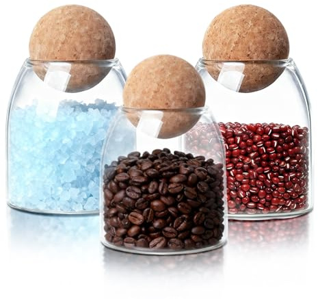 HomeyHoney Bocal en Verre avec Couvercle et Bouchon en Liège, 500 ml | Lot de 3 Bocaux en Verre pour Conserves, Verre Borosilicaté, Bonbonnières pour Bonbons, Sucre, Pâtes, Café