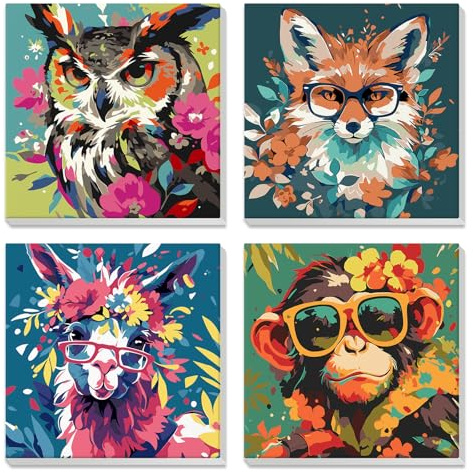 DAERLE 4 Pièces Peinture par Numéros Adulte Chouette, renard, lama et singe, Peinture par Numero enfant avec Cadre, Animaux, Kits de Peinture au Numéro Enfant 7 8 9 10 Ans, Décoration Chambre 20x20cm