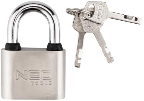 NEO TOOLS Profi Sicherheitsschloss, Extra Robustes Bügel, Wetterfest mit Dichtungen, Hohe Witterungsbeständigkeit, Zuverlässig für Tore & Schränke, Inkl. 3 Schlüssel