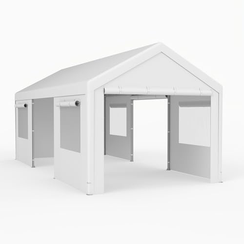 GYMAX Abri Voiture Tente de Stockage, Tente Garage avec Fenêtres Enroulables, Parois Latérales et Portes Amovibles, Structure Métallique, Bâche PE Imperméable (305 x 586 x 280 cm,Blanc)