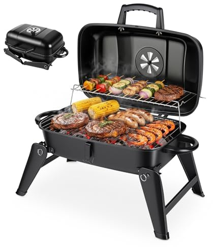 ERWEY Barbecue de camping, portable au charbon de bois, de table, 2 en 1, fonction barbecue et four, barbecue pliable avec poignée en bois pour le camping et le jardin, noir