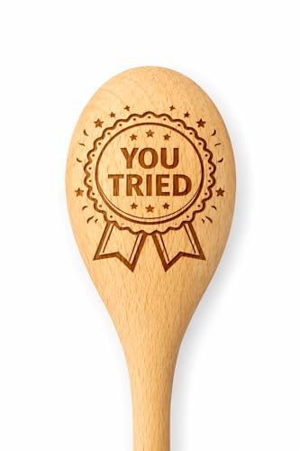 Wooden Spoon Set with Engraved Award Ribbons, Funny Baking Phrases, Natural Wood Kitchen Utensils (You Tried)
