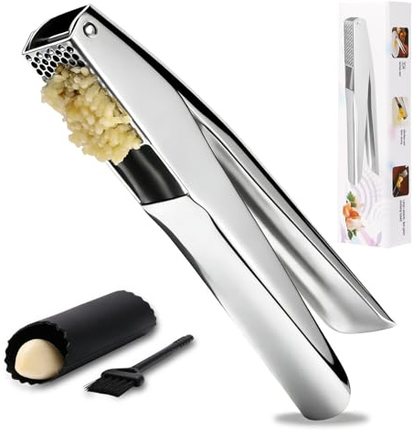 Presse Ail Inox Professionnel - Ecrase Ail Manuel, Presse-Ail en Acier Inoxydable, Facile à Utiliser et à Nettoyer, Anti-Rouille, Robuste, Passe au Lave-Vaisselle - Avec Éplucheur et Brosse