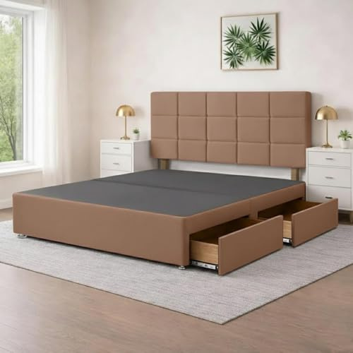 4FT6 Elegant Mink Plush Divan Double Bed Frame | Sleek Bed Bases with 20 Cube Headboard | Wooden Frame with 2 Storage Drawers