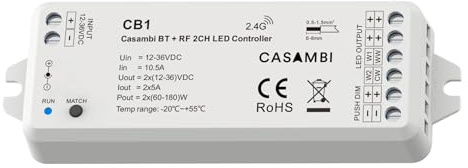 Led Dimmer Bluetooth Casambi APP, RF 2.4GHz con Pulsante NO, per Strisce LED Monocolore e CCT, 12V 24V 36V 2 Canali 2x5A, Regolazione 0-100%
