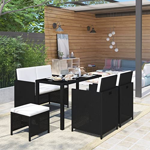 RCODSSK 6-TLG. Garten-Essgruppe mit 10 Kissen, Glas-Tischplatte und Poly Rattan - Sitzgruppe mit Tisch, Bank, Stühlen und Hockern