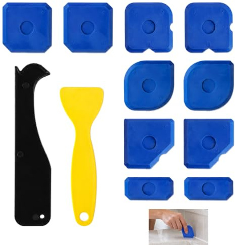 Juego de 12 herramientas para calafateo de silicona, extractores de silicona, kit extractor de masilla con 10 puntas suaves y 2 rascadores 3 en 1, espátulas de acabado para cocina, cuarto de baño