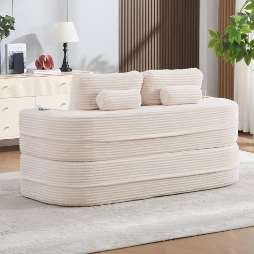 TIZZ Schlafsessel 2-in-1 aus Cord mit Liegefunktion, Komprimiertes Bodensofa mit verstellbaren Armlehnen, 2 Getränkehaltern, hoher Rückenlehne und extra tiefer Sitzfläche, Beige