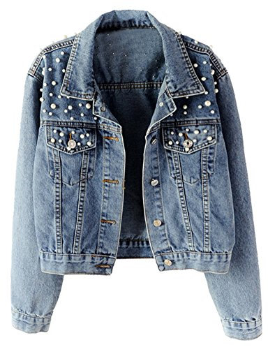 LifeShe Damen Jeansjacke mit Stickerei, Perle, Jeansjacke, Blau, M