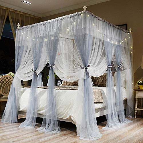 Joyreap Luxuriöse Betthimmel-Vorhänge mit 4 Ecken, Grau und Weiß, gemütliches Drapiernetz – niedlicher Prinzessinnen-Stil, Schlafzimmer-Dekorations-Zubehör (119,4 cm B x 198,1 cm L, Twin)