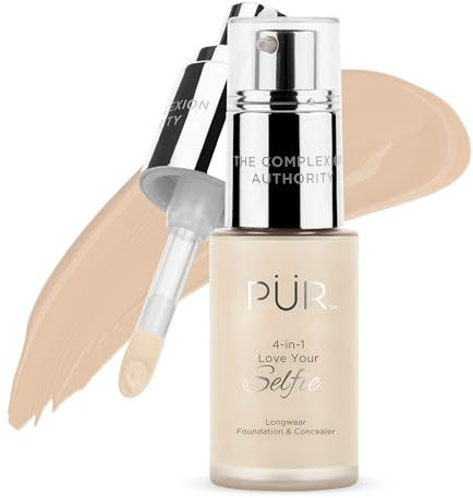 PUR Cosmetics 4-in-1 Love Your Selfie Longwear Foundation and Concealer - Unique, Dual-Applicator Component - Covers Blemishes and Imperfection - Reduce Fine Lines and Wrinkles - LN4-1 oz Makeup