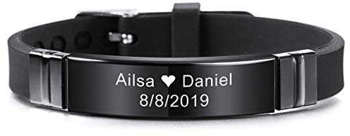 MeMeDIY 13mm Large Identification De Nom De Sport Réglable en Silicone Bracelet Personnalisé pour Homme Femme Enfant Caoutchouc en Acier Inoxydable - Gravure Personnalisée (Noir Couleur)