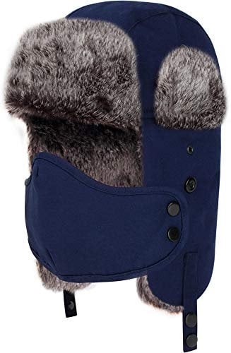 normani Unisex Wintermütze Tschapka Kunst-Fellmütze mit Ohrenklappen und Mundschutzmaske - Winddicht und wasserabweisend Farbe Navy Größe XXL/3XL