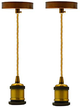 LEDSone Ceiling Rose Pendant Bulb Holder 2 Pack Yellow Brass 100 cm Braided Adjustable Cable with E27 Light Fitting lamp Holder for Kitchen Living Bedroom Dining Room Hallway Lighting