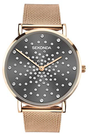 Sekonda Celeste Ladies 36mm Quartz Watch in Grey with Analogue Display, and Rose Gold Stainless Steel Mesh Bracelet 40029