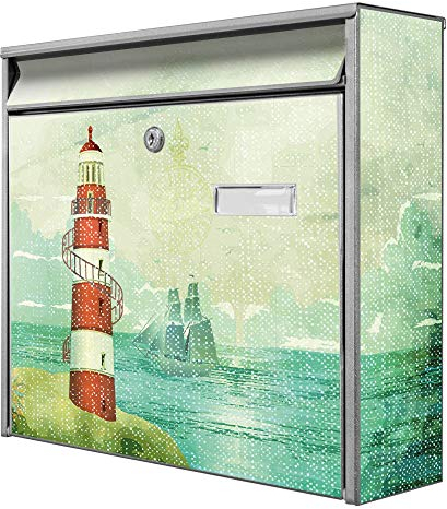 banjado® Burg-Wächter® Briefkasten mit Motiv Alter Leuchtturm/Briefkasten ohne Zeitungsfach 32x36x10 cm groß/Briefkasten mit Namensschild A4 Einwurf inkl. Montagematerial & 2 Schlüsseln