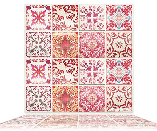 WALPLUS 80 Sheets 15cm(6) Moroccan Rose Red Mosaic Glossy 3D Wall Tile Stickers Splashbacks Vinyl Stick on Tiles Splashback Peel and Stick Bathroom Kitchen Decor Tile Paint