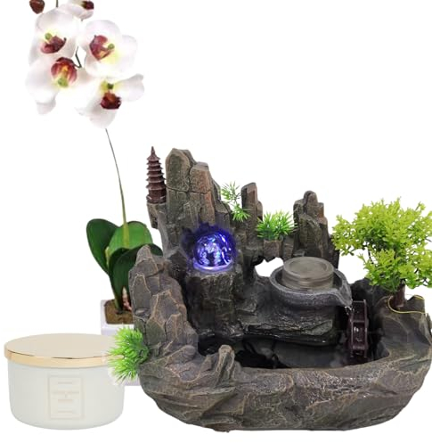DRULINE Zimmerbrunnen mit LED + GRATIS Orchidee + Duftkerze - Zimmer Wasserfall Brunnen - Kaskadenbrunnen - Zimmerbrunnen - Polyresin Stein Optik - B/H/T ca. 29 x 25 x 18 cm - Grau/Schwarz - Indoor