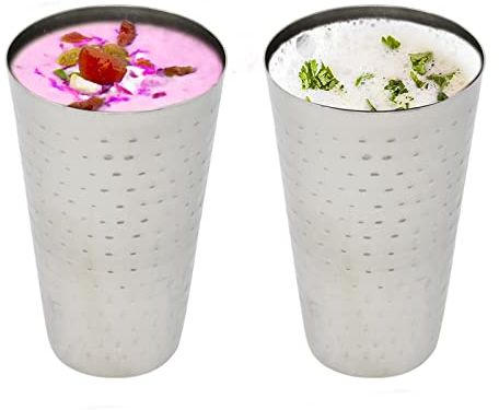 Stainless Steel Drinking Glasses Hammered Metal Cups 730ml Set of 2 Large Tumblers Tall Stackable Reusable Shatterproof Lassi Glass Unbreakable Water Juice Milkshake Smoothie Camping Outdoor