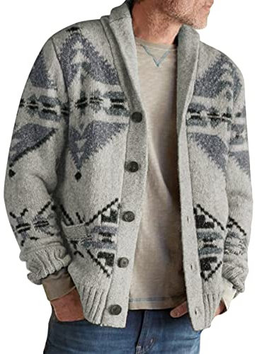 HULKAY Mens Western Aztec Shawl Collar Cardigan Sweater Button Down Cable Knitted Chunky Ribbed The Dude Zip Up Sweaters(Gray,3XL)
