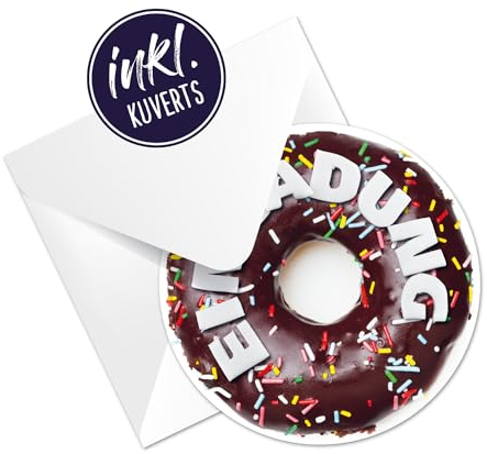 12 Donut Einladungskarten | lustige Einladung zum Kinder-Geburtstag für Jungen, Mädchen und Erwachsene | passend zu jeder Party (Einladungskarten mit weißen Kuvert)