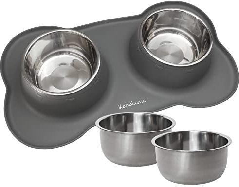KaraLuna Napfunterlage aus Silikon mit Edelstahl Futternapf I Für Katzen & Hunde (850ml, Grau)