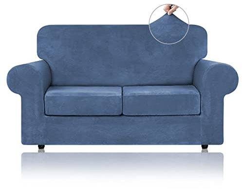 WEERRW Samt-Couchbezüge für 2 Kissen, Couch-Sofa – hochdehnbarer Luxus-Samt-Plüsch, 3-teilig, Sofabezüge mit elastischer Unterseite, Möbelschutz für Haustiere, maschinenwaschbar, Hellblau, Größe M