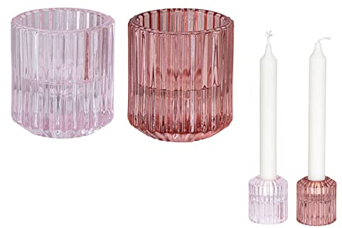 2er Set Kerzenständer für Stabkerzen Glas Teelichthalter Rosa Pink 2in1 Kerzenhalter Transparent Tischdeko Dekoration Teelichtglas