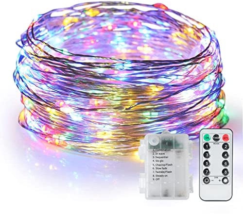 HOTLIFE 10M 100 LED Wasserdicht Lichterkette mit Fernbedienung und Timer, 8 Modi Lichterkette Batterie Silbernedraht Micro Lichterkette für Party, Weihnachten, Halloween, Hochzeit Deko(Mehrfarbig)