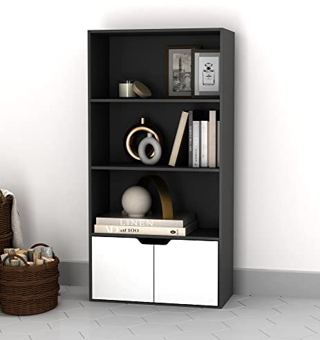 URBNLIVING 4 Tier Wide Wooden Bookcase Cupboard with 2 Doors Storage Shelving Display Shelf Cabinet Unit (Black with White Doors)